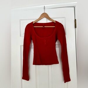 SKIMS Cotton Henley Long Sleeve Top in Red, Small